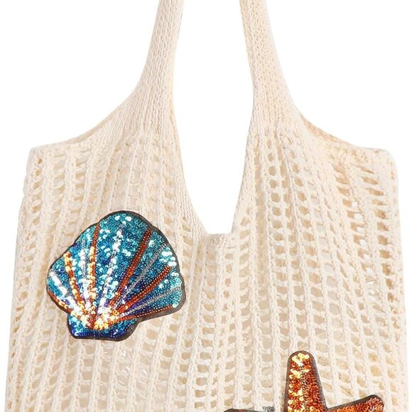 Handbags - Crochet Tote Bag Aesthetic Mesh Summer Beach Bag with Bling for Women
